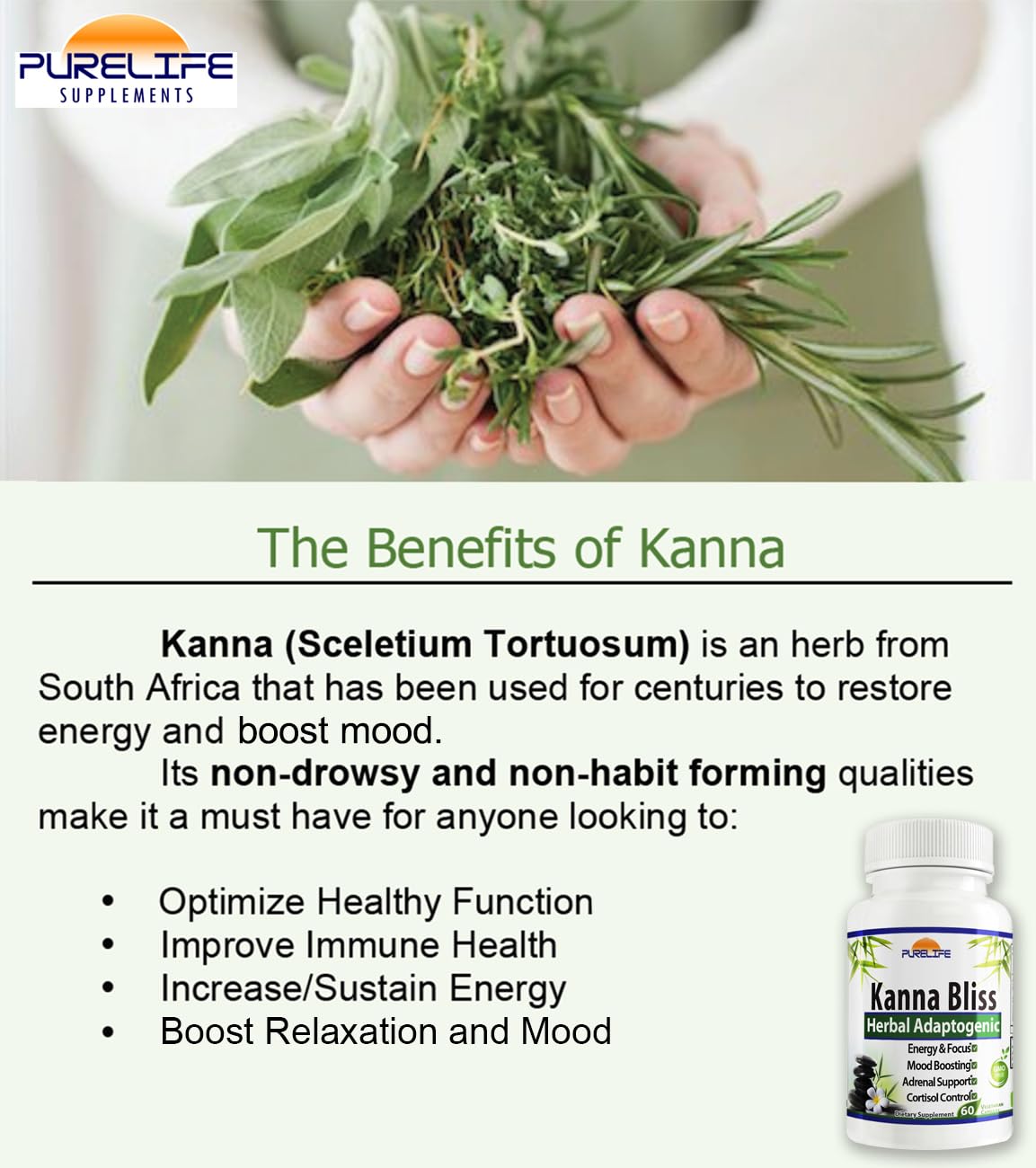PureLife Kanna Bliss label graphics highlighting vegan and allergen-free ingredients