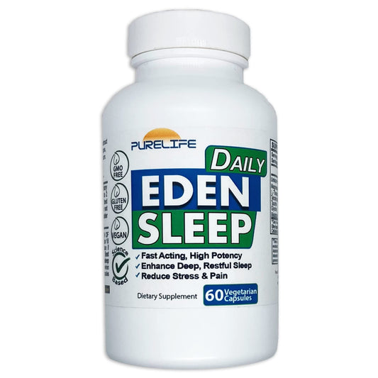 PureLife Eden Daily Sleep bottle with capsules promotes relaxation before bed.