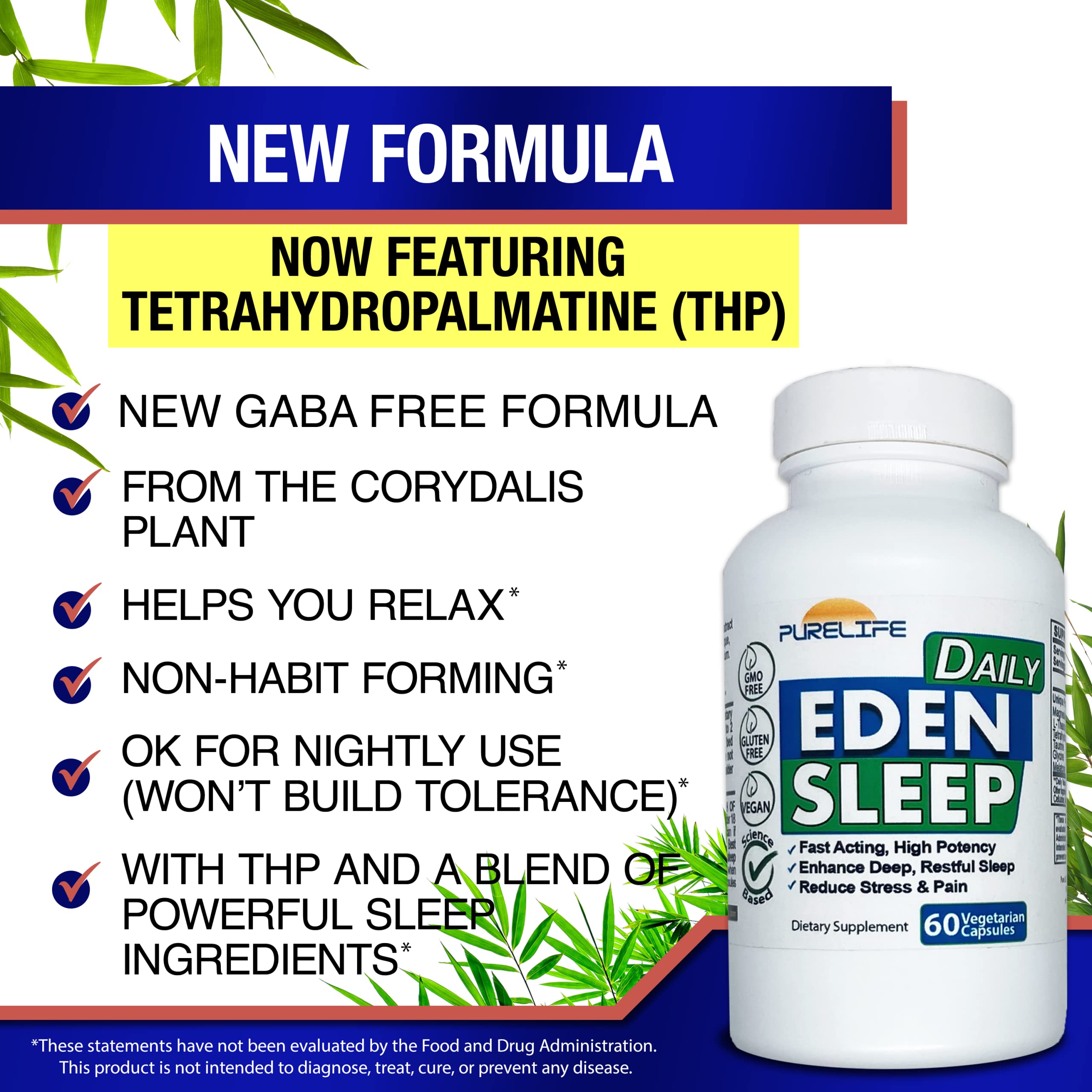PureLife Eden Daily Sleep capsules close-up highlighting vegan, non-GMO formula.