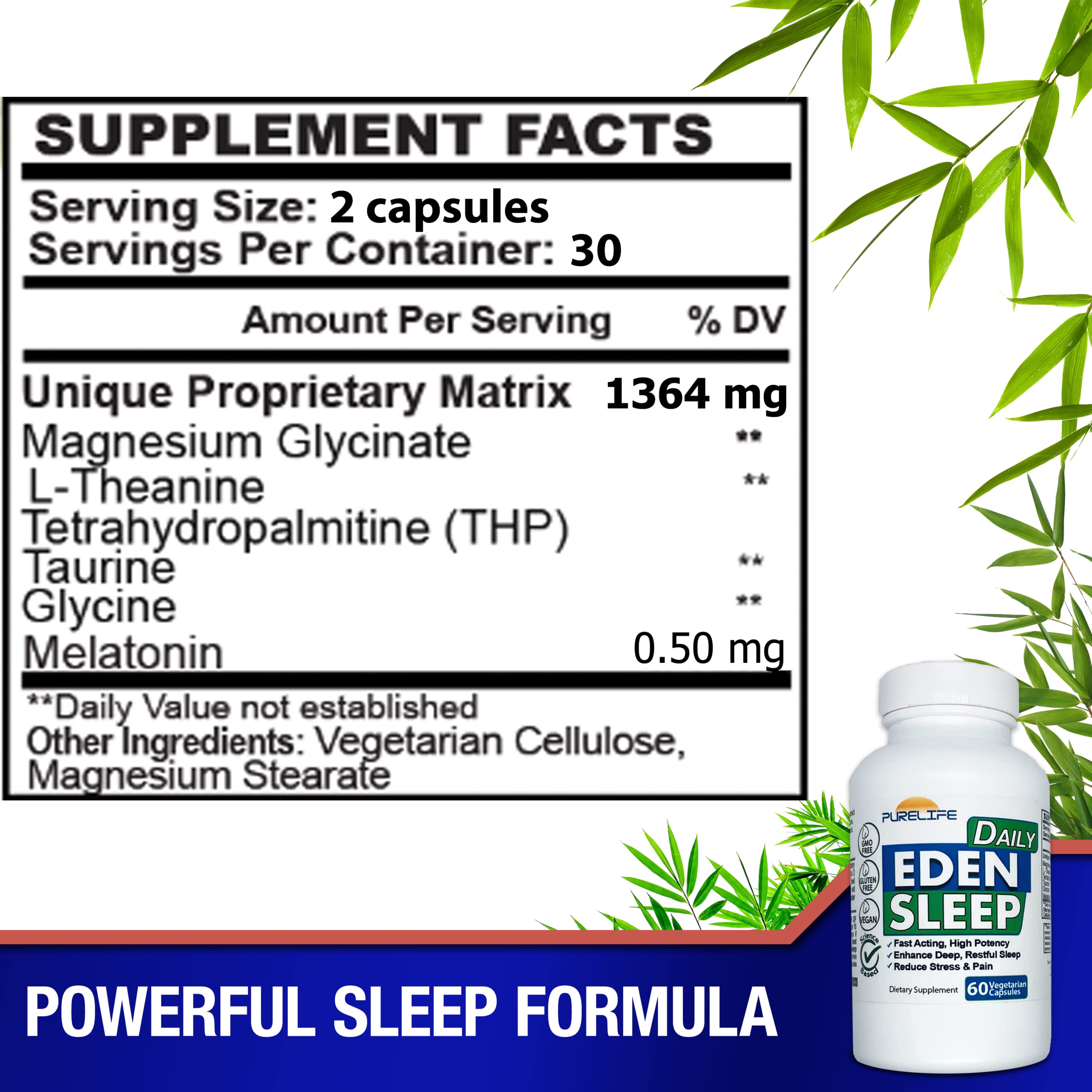 PureLife Eden Daily Sleep packaging front showing ingredient highlights and label claims.