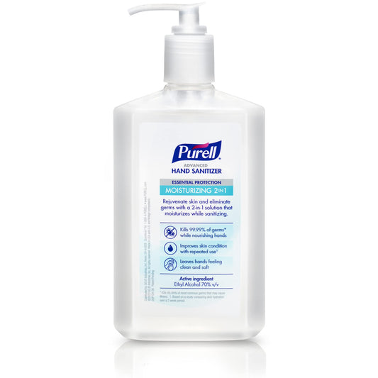 Purell 2in1 label closeup highlighting moisturizing formula for skin care