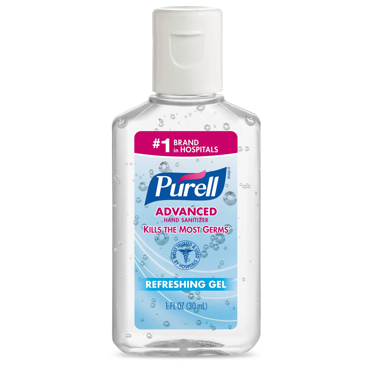 Purell Advanced Hand Sanitizer refreshing gel bottle front, promoting clean hands on the go.