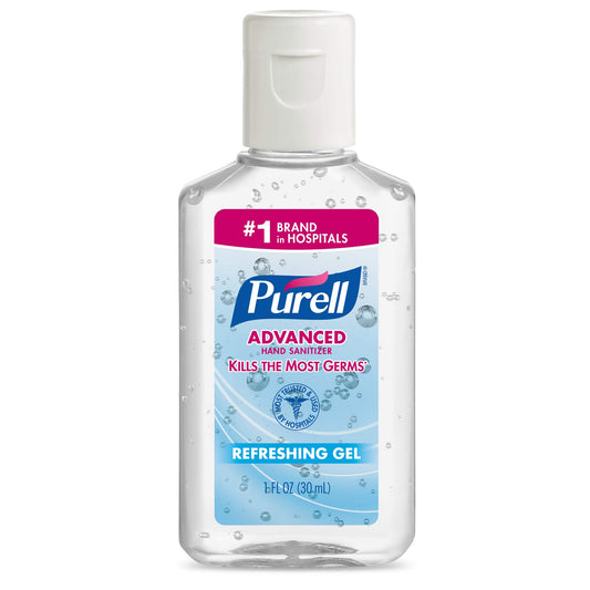Purell Advanced Hand Sanitizer refreshing gel bottle front, promoting clean hands on the go.