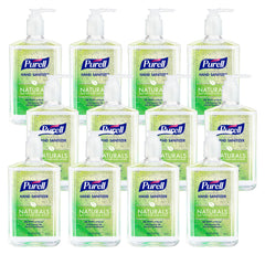 Purell Naturals hand sanitizer bottle on counter for quick germ-killing on the go.