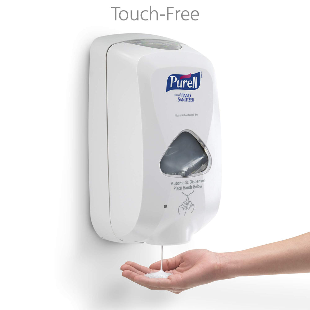Front view of Purell TFX Dove Grey dispenser mounted on a wall.