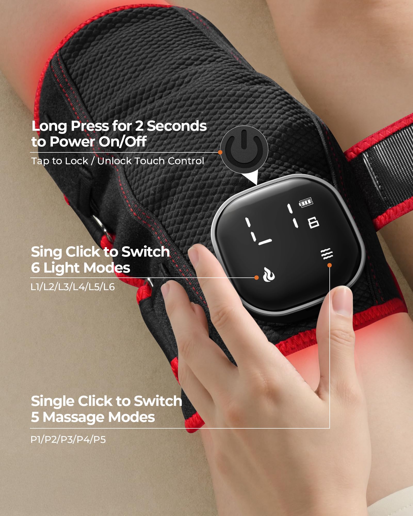 Purella knee wrap with 5 vibration levels for customizable massage intensity.