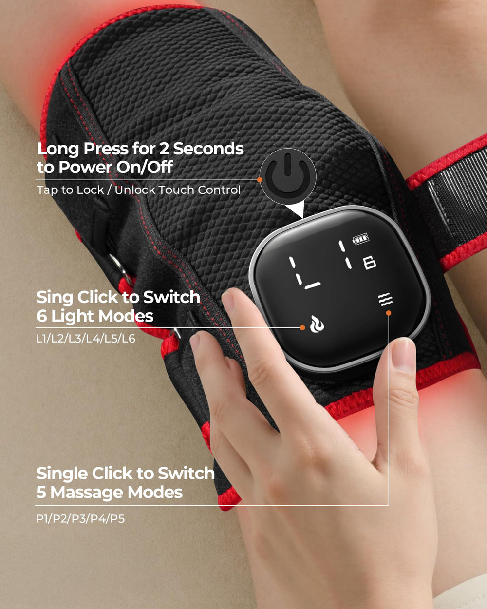Purella knee wrap with 5 vibration levels for customizable massage intensity.
