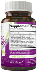 PURELY beneficial RESVERATROL1450 bottle back view showing supplement facts for informed use