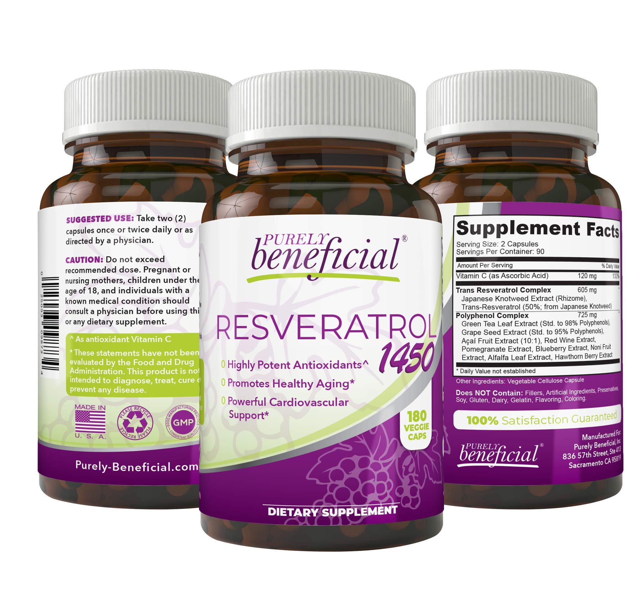 PURELY beneficial RESVERATROL1450 bottle front view highlighting antioxidant support