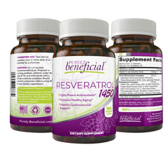 PURELY beneficial RESVERATROL1450 bottle front view highlighting antioxidant support