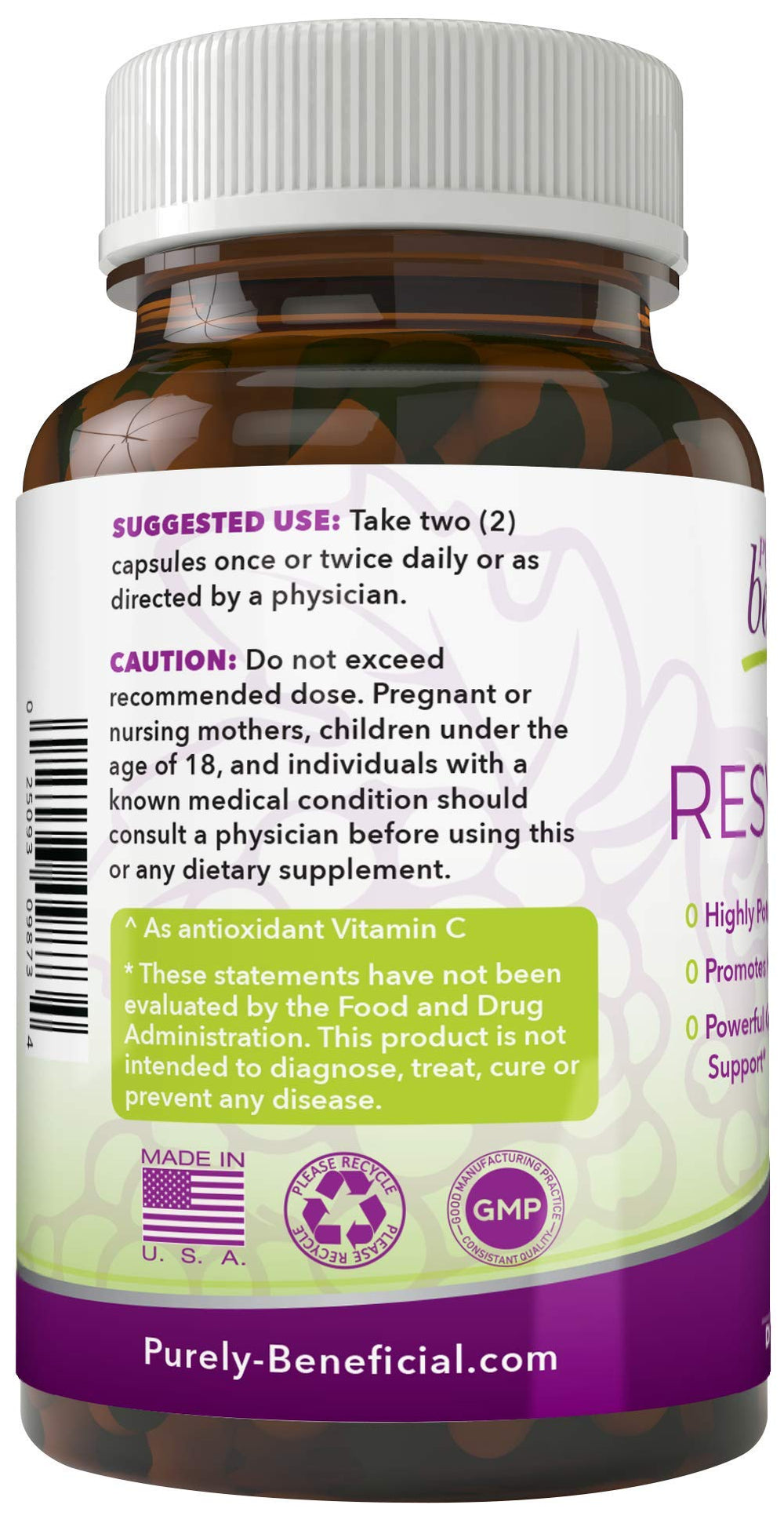 PURELY beneficial RESVERATROL1450 capsules close-up for easy-to-swallow daily intake