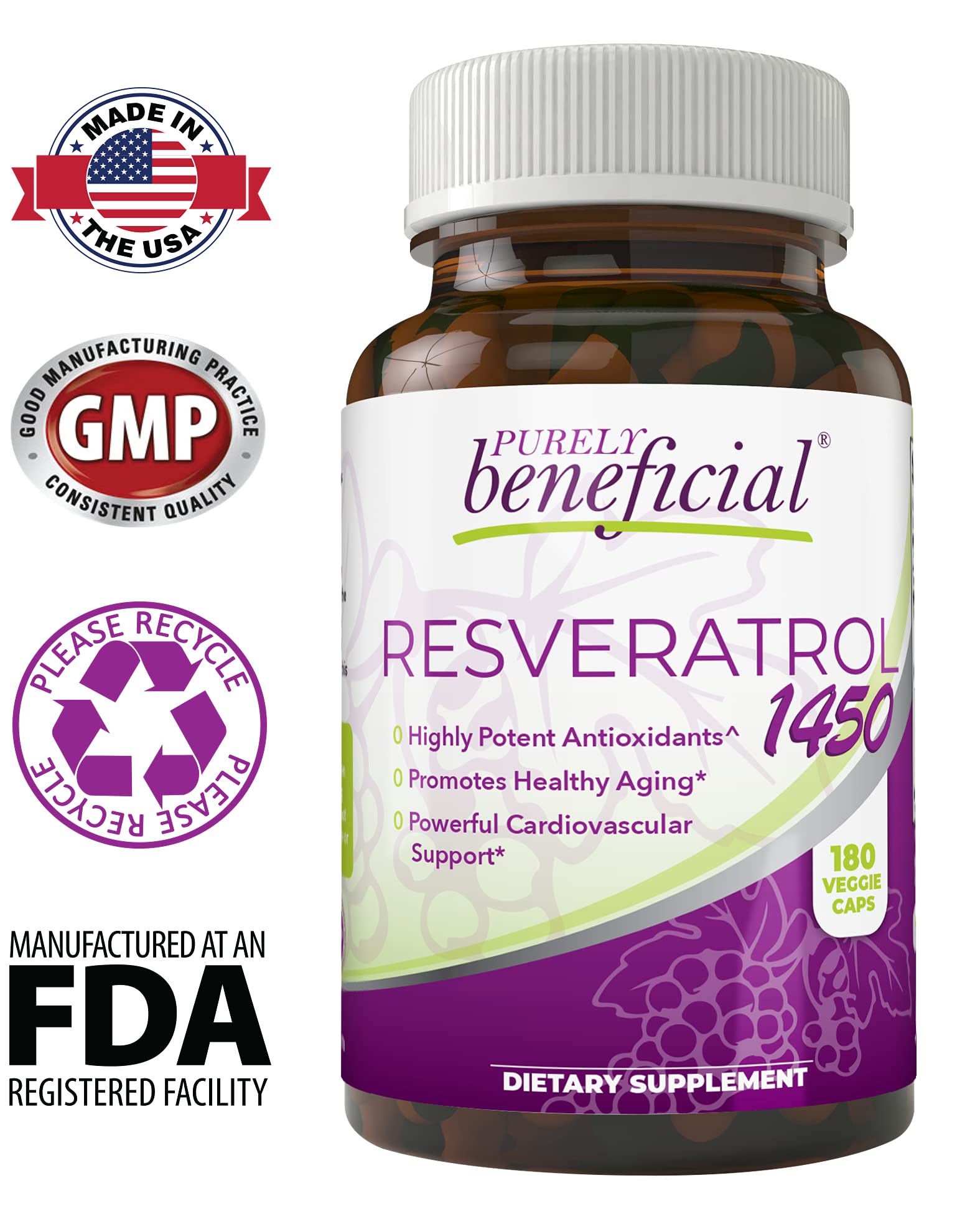 PURELY beneficial RESVERATROL1450 ingredients list emphasizing natural no-fillers formula
