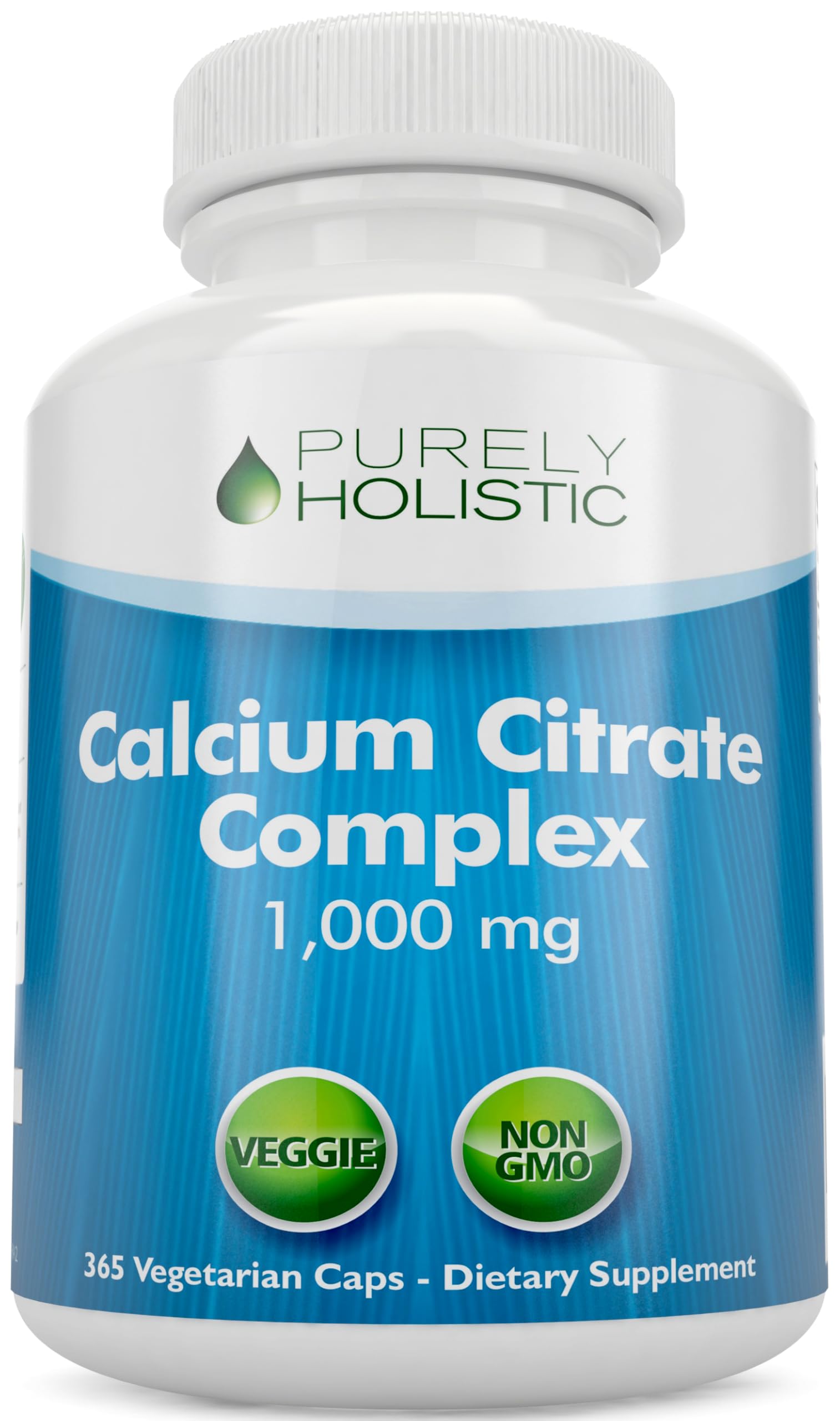 Purely Holistic calcium citrate bottle with 365 vegan capsules and high bioavailability.