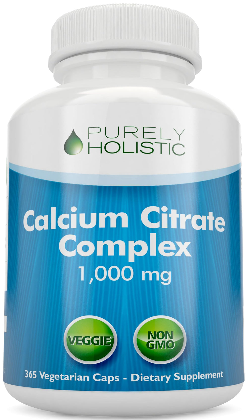 Purely Holistic calcium citrate bottle with 365 vegan capsules and high bioavailability.