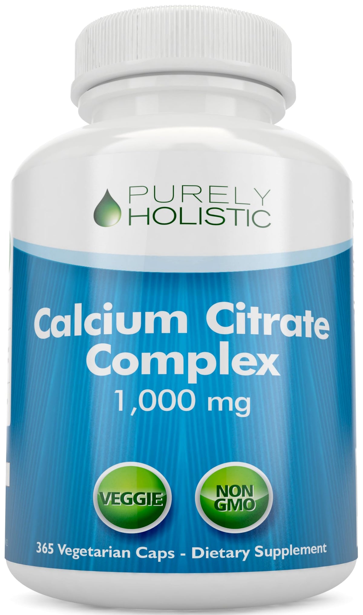 Purely Holistic calcium citrate bottle with 365 vegan capsules and high bioavailability.