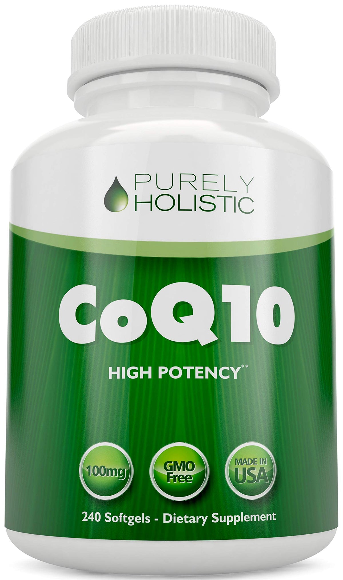 Purely Holistic CoQ10 softgels bottle front for daily energy support potential.