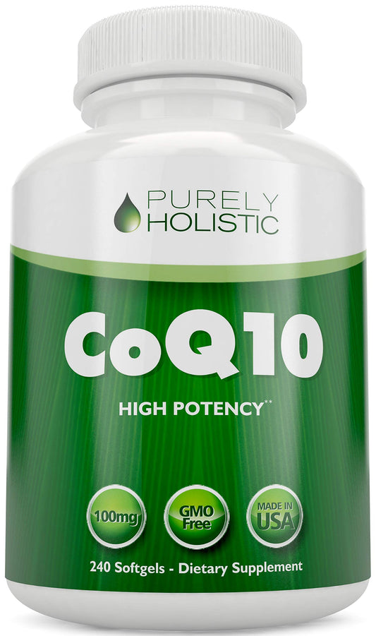 Purely Holistic CoQ10 softgels bottle front for daily energy support potential.
