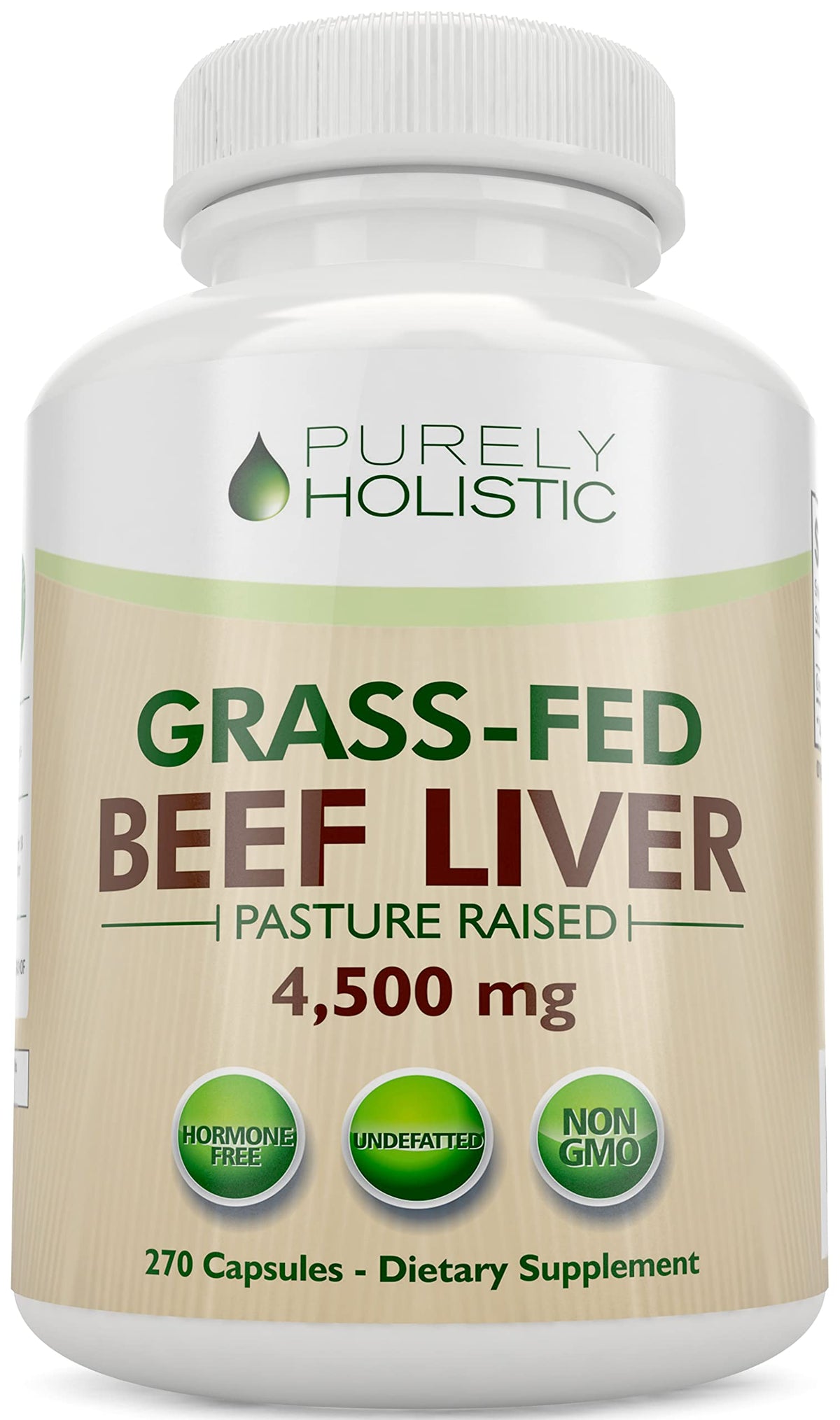 Purely Holistic grass-fed beef liver capsules bottle front showing value and potency