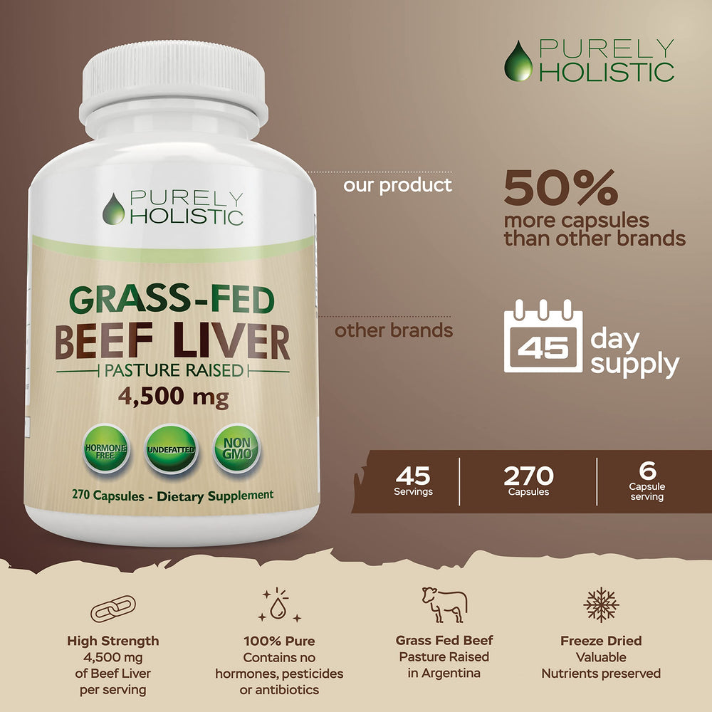 Purely Holistic grass-fed beef liver capsules label highlighting purity and ingredients