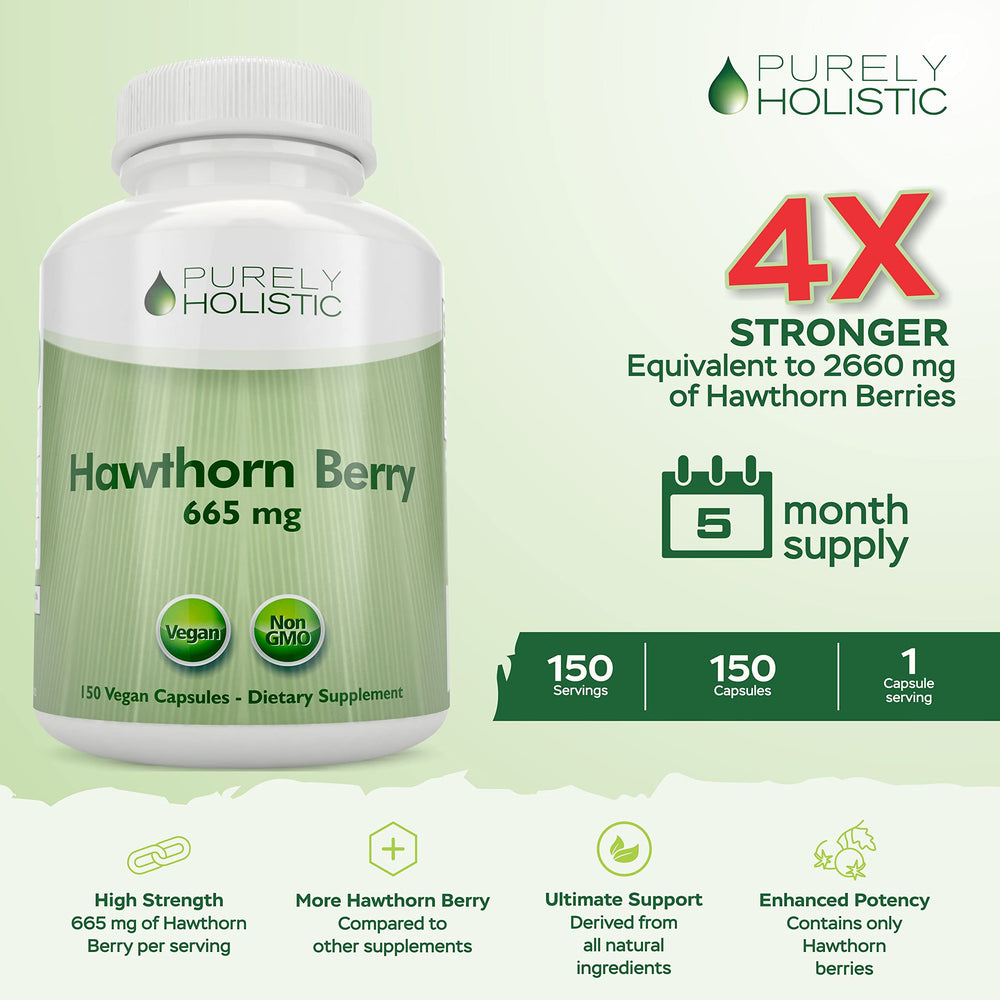Graphic illustrating 665 mg per capsule for Purely Holistic Hawthorn Berry.