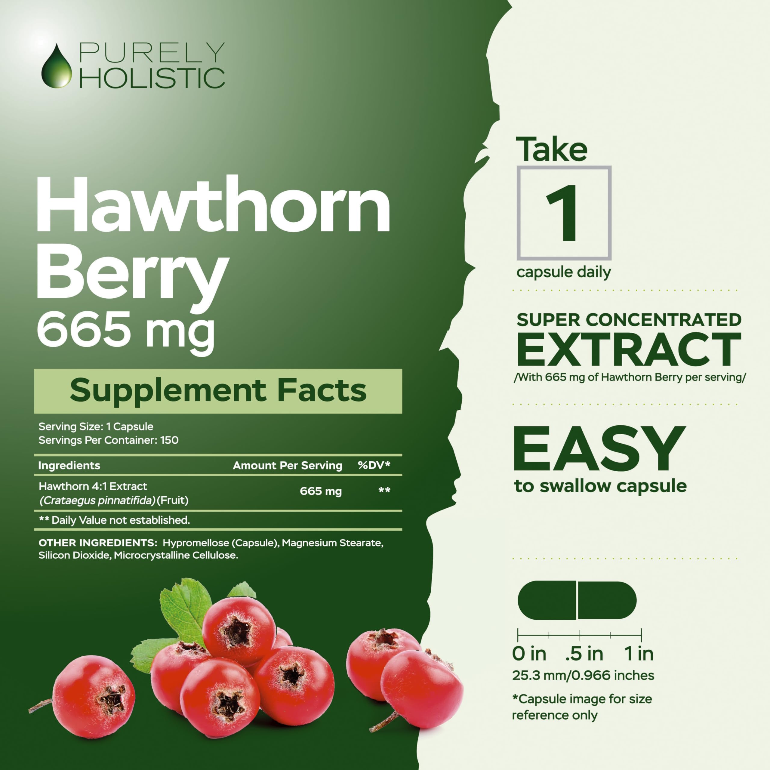 Purely Holistic Hawthorn Berry bottle front displaying 150-capsule supply.