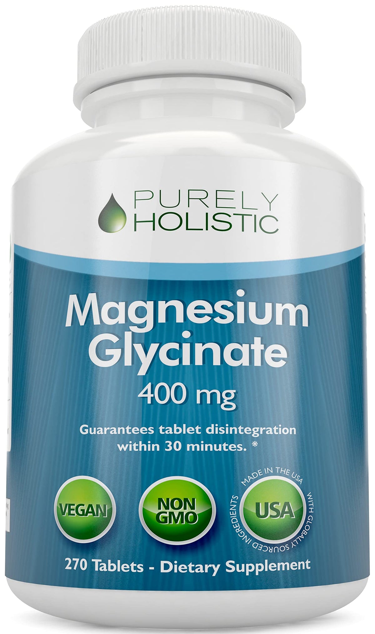 Purely Holistic Magnesium Glycinate 400mg bottle, premium daily supplement for sleep and calm.