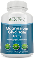 Purely Holistic Magnesium Glycinate 400mg bottle, premium daily supplement for sleep and calm.