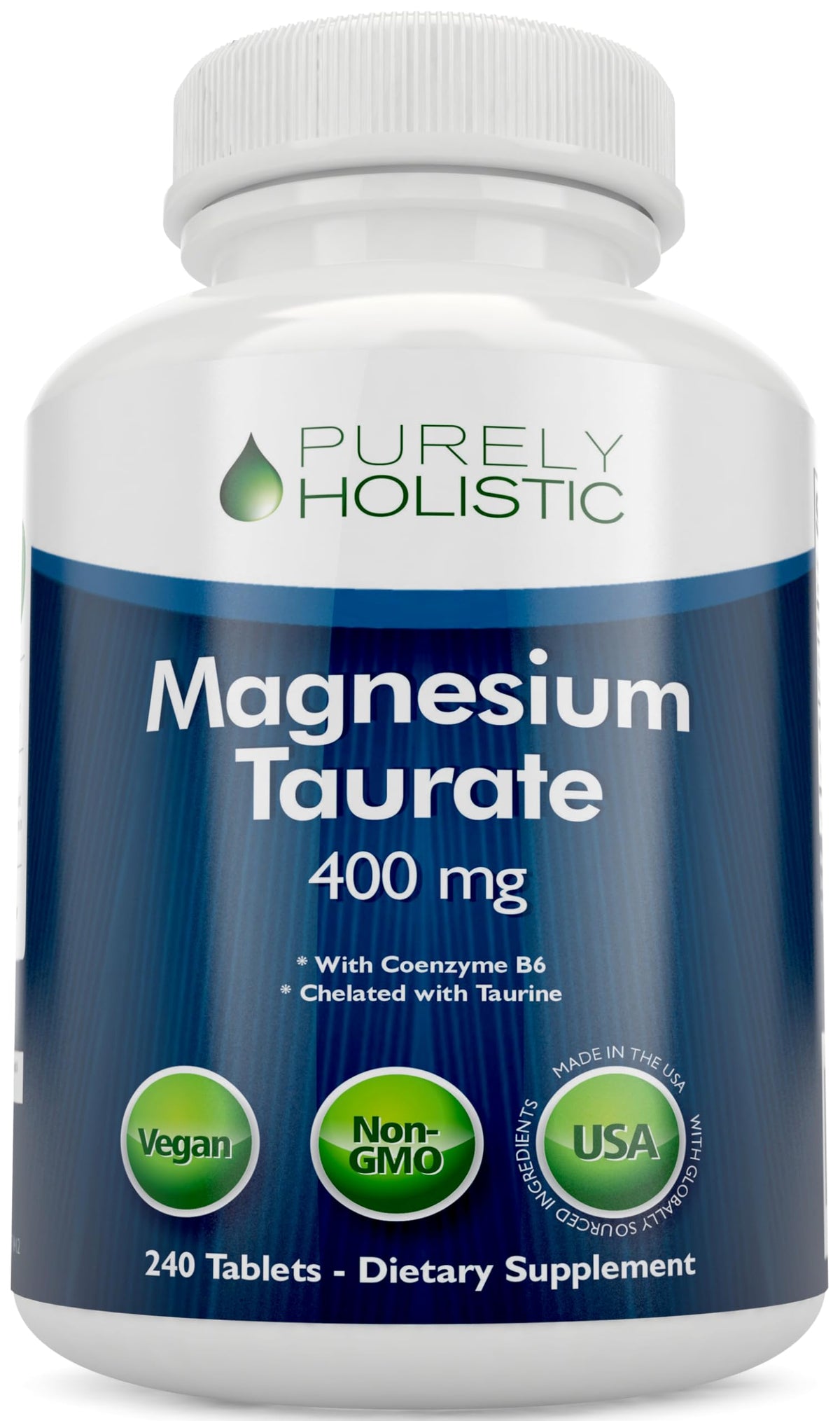 Purely Holistic Magnesium Taurate 400mg bottle on desk, supports daily energy and muscle function.