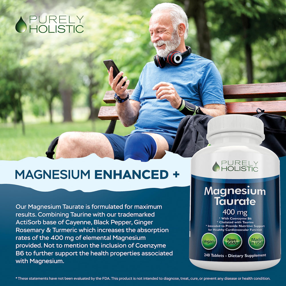 Heart-health-focused scene with Purely Holistic Magnesium Taurate and taurine chelate.
