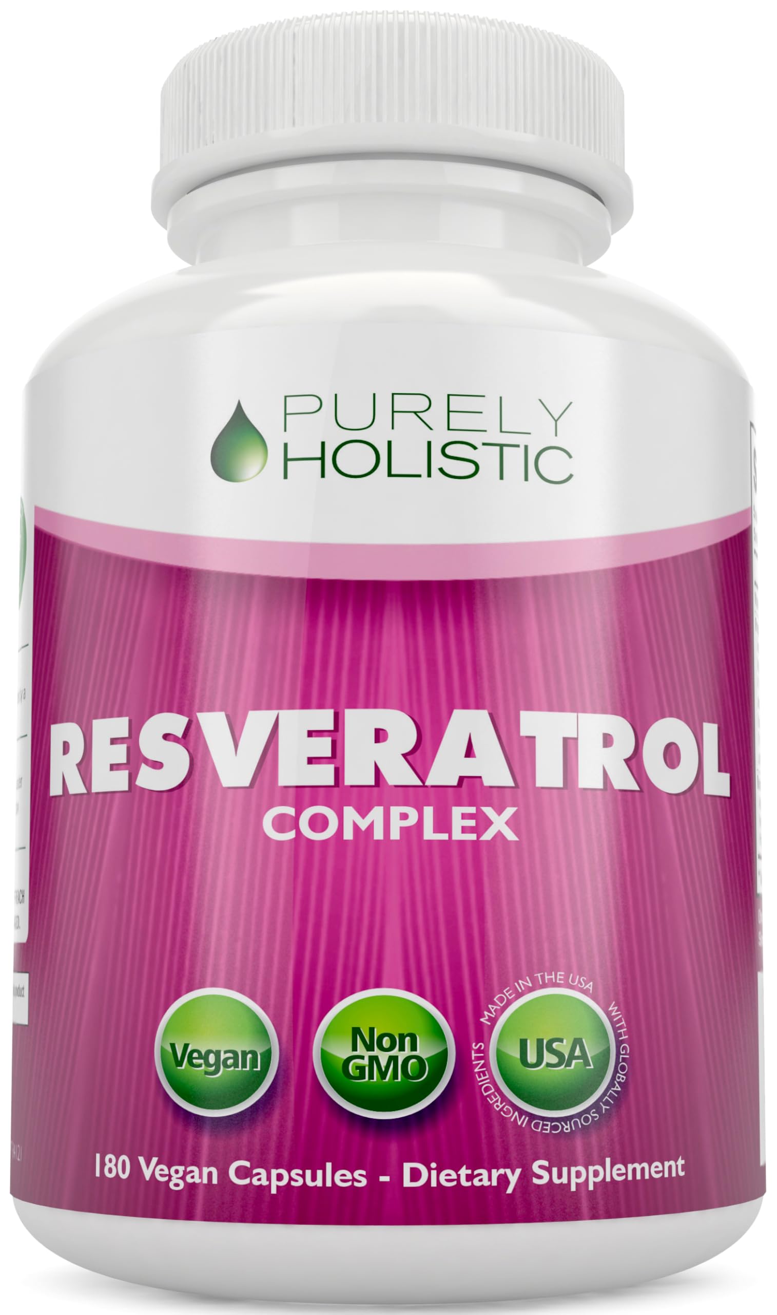 Purely Holistic Resveratrol bottle front shows 180-capsule supply for ongoing antioxidant support.