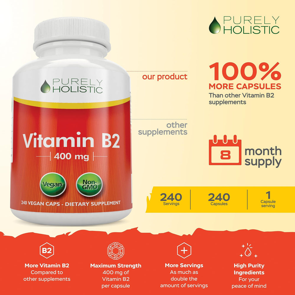 Purely Holistic Vitamin B2 400mg capsules closeup vegan formula