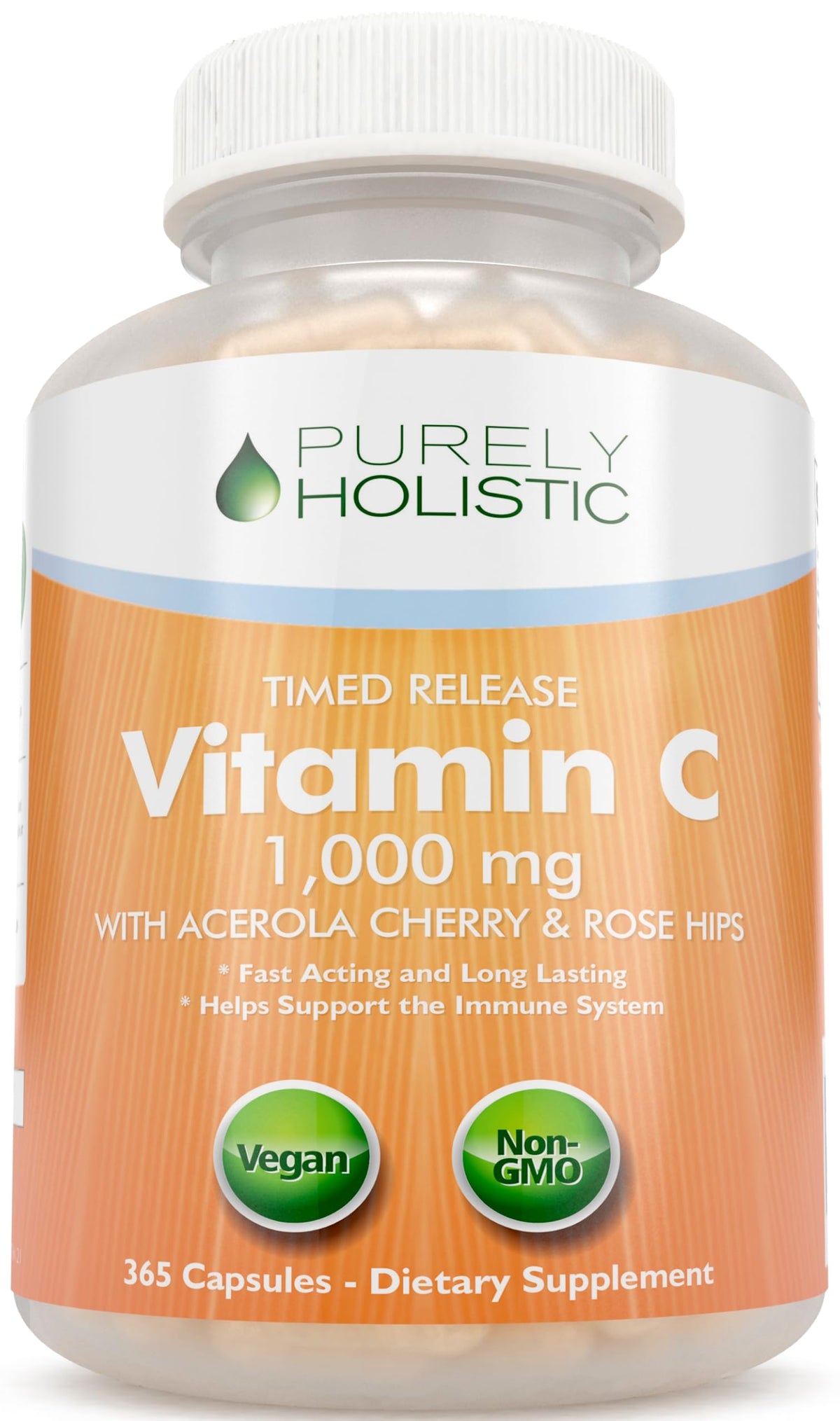 Purely Holistic Vitamin C 1000mg bottle shows 365 capsules for all-day support.