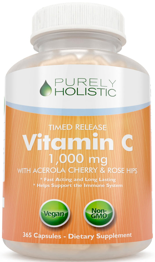 Purely Holistic Vitamin C 1000mg bottle shows 365 capsules for all-day support.