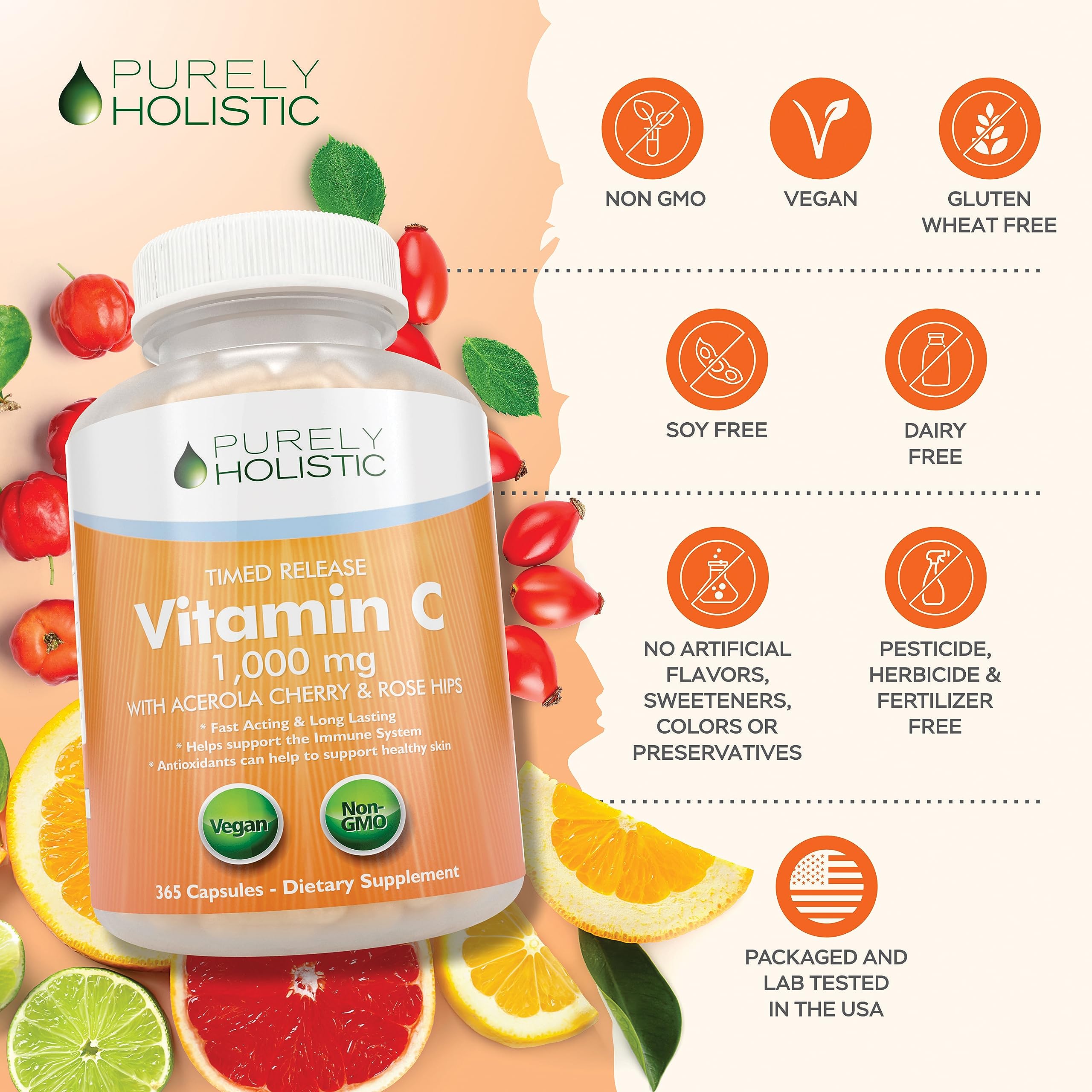Vegan, non-GMO claim appears on Purely Holistic Vitamin C label.