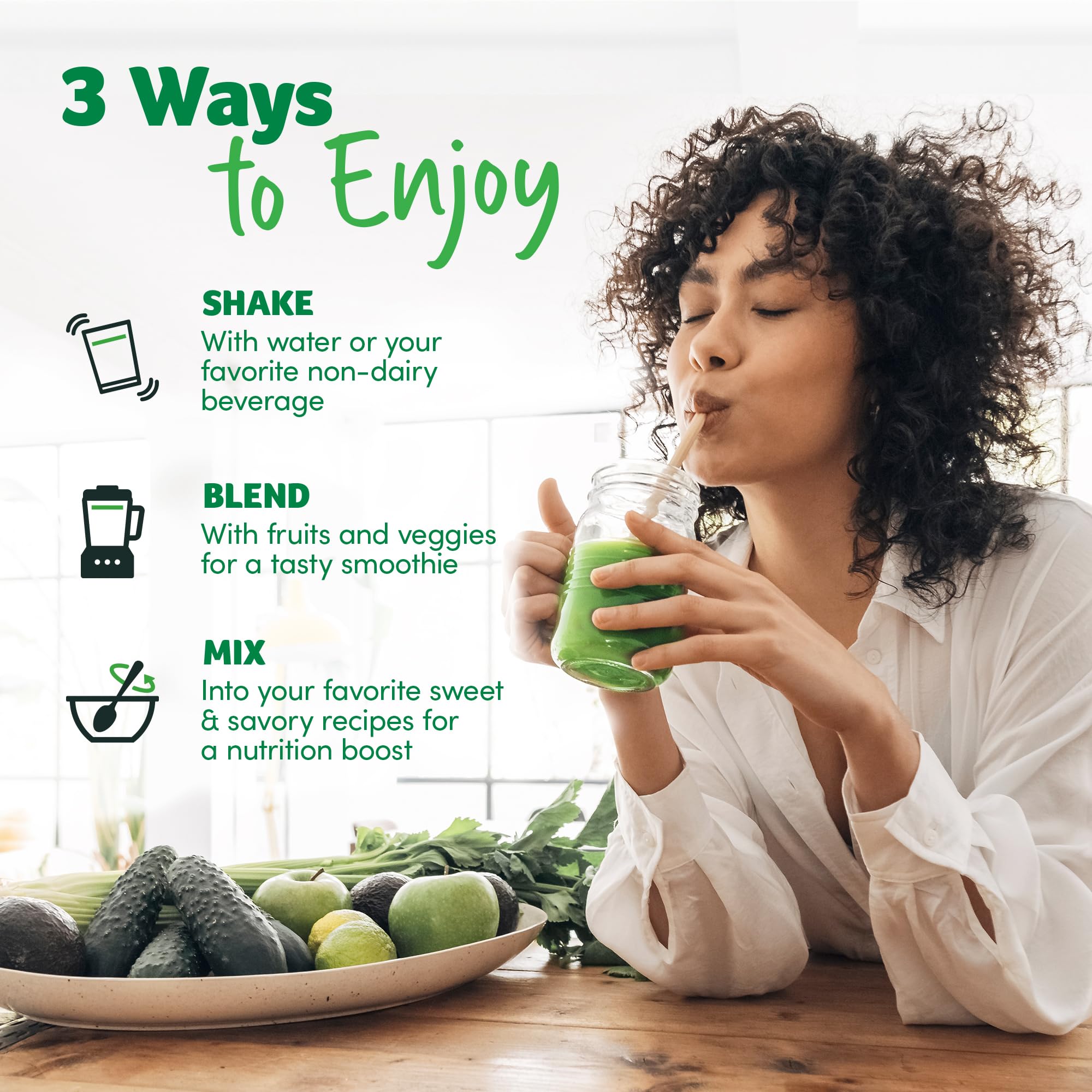 Packaging of Purely Inspired Organic Greens emphasizes clean, unflavored ingredients.