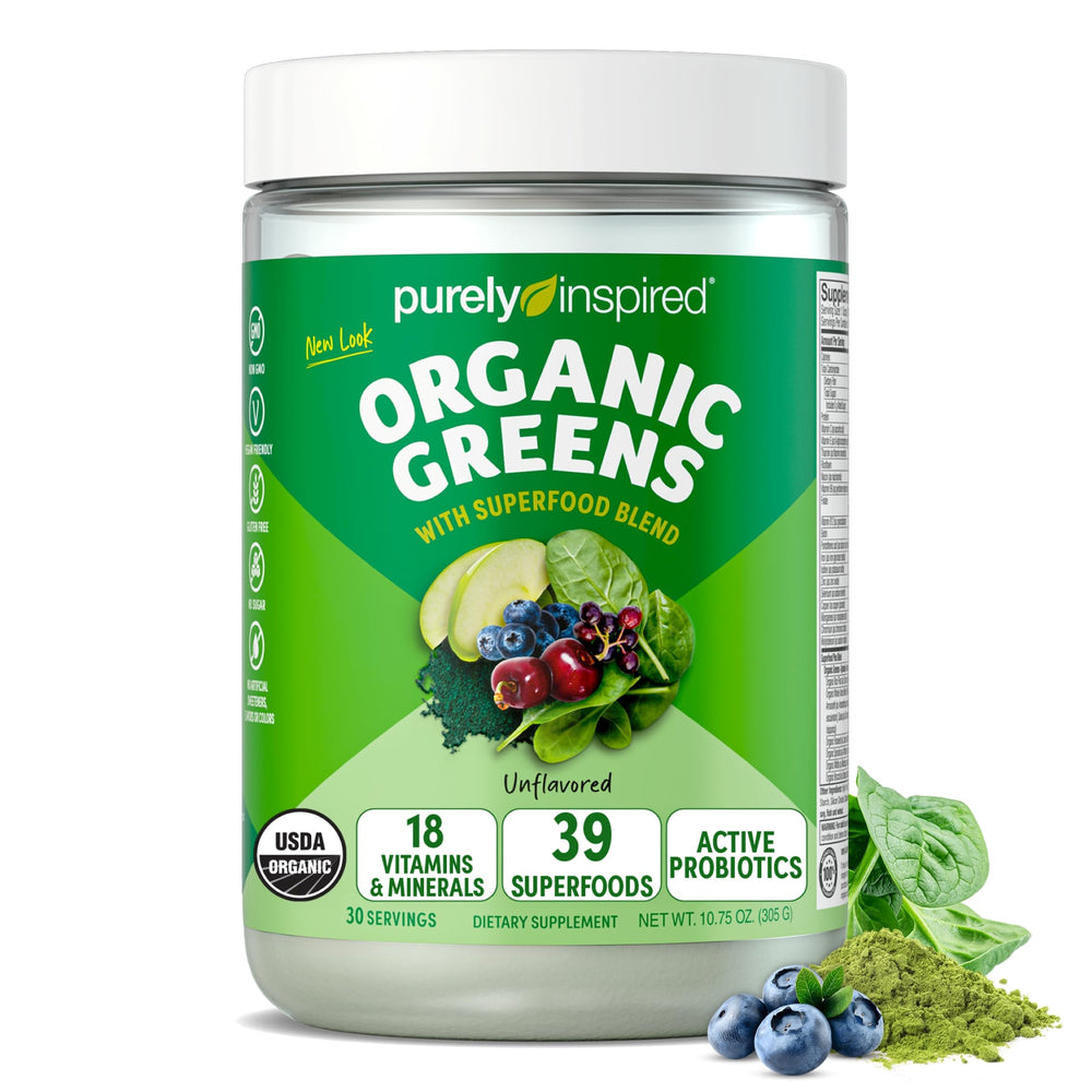 Purely Inspired Organic Greens powder bottle on counter supports daily nutrition.