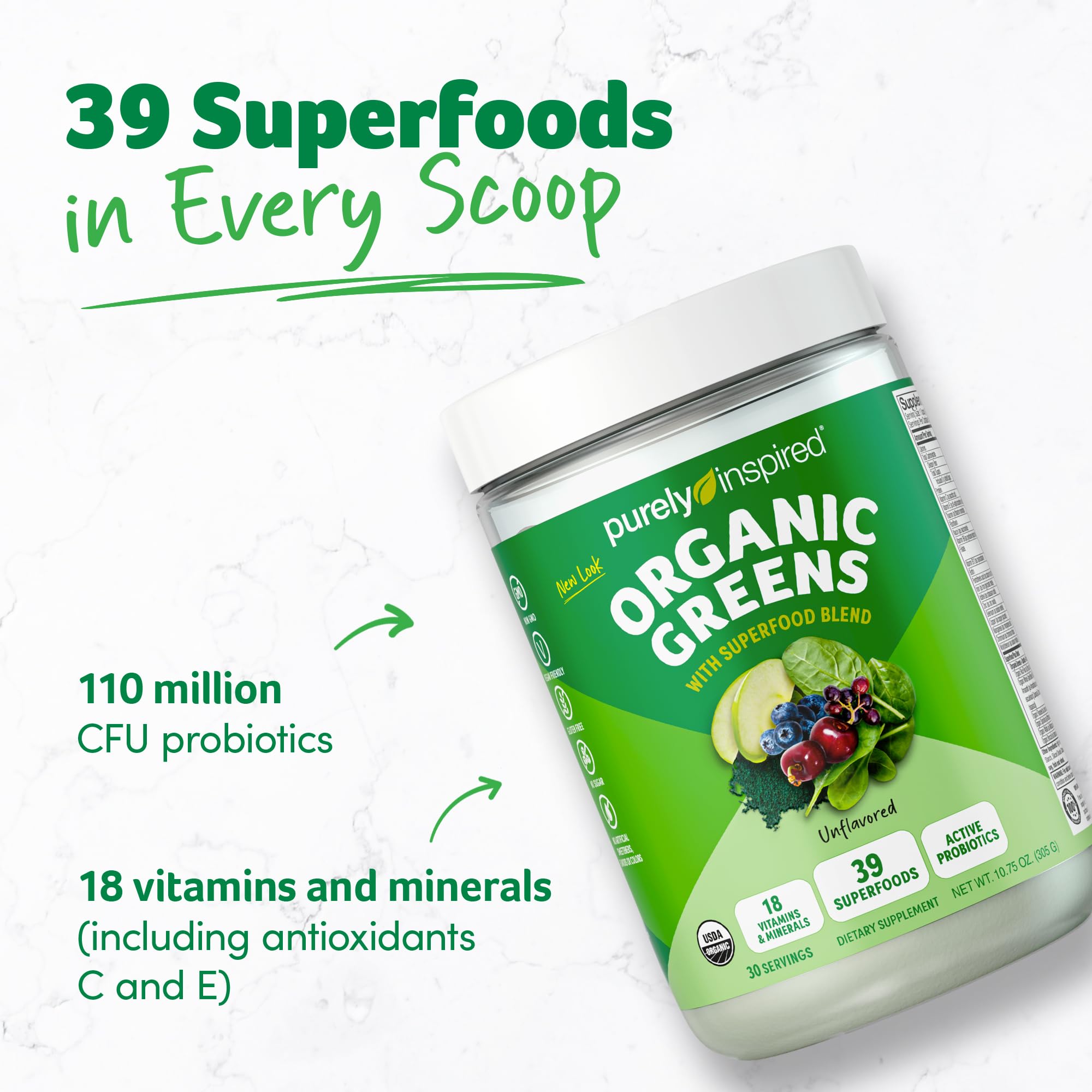 Pouring Purely Inspired Organic Greens into a glass for a quick, convenient nutrient boost.