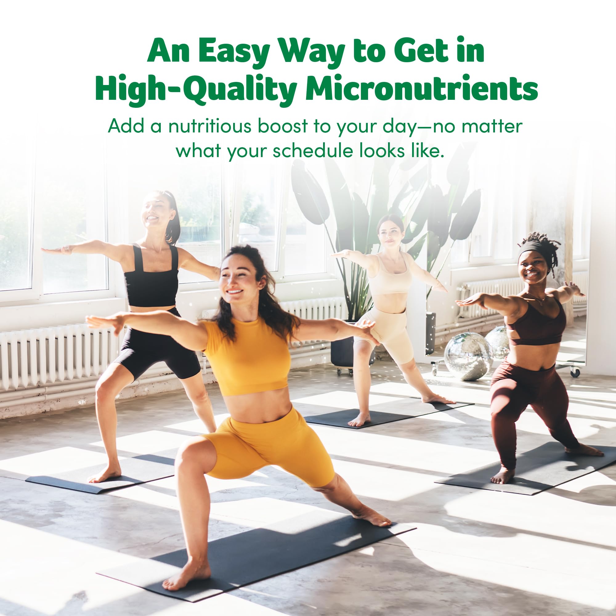 Probiotic-rich greens blend jar highlights spirulina and chlorella benefits.