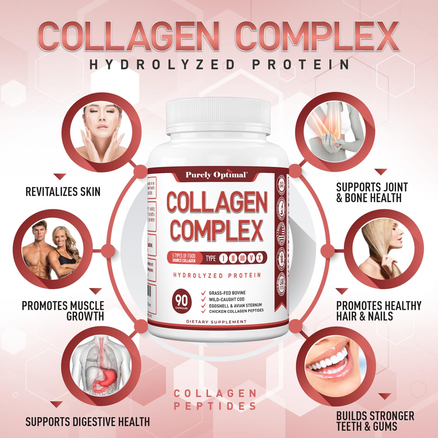 Purely Optimal capsules closeup showcases hydrolyzed collagen for smoother hair and stronger nails.
