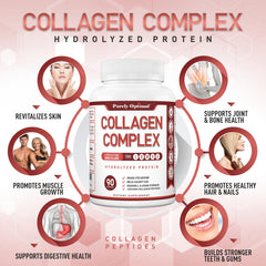 Purely Optimal capsules closeup showcases hydrolyzed collagen for smoother hair and stronger nails.