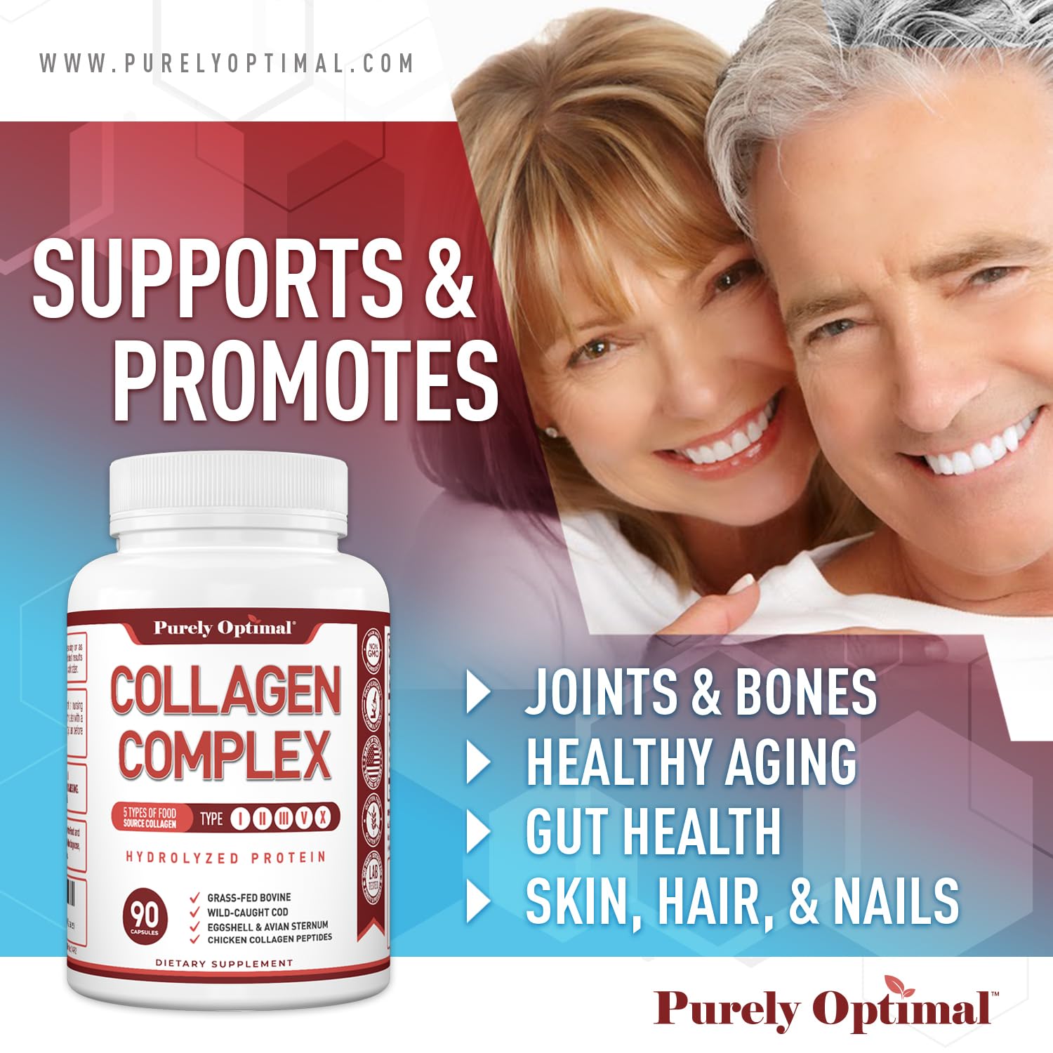 Purely Optimal joint support visual highlights collagen capsules that may aid mobility.