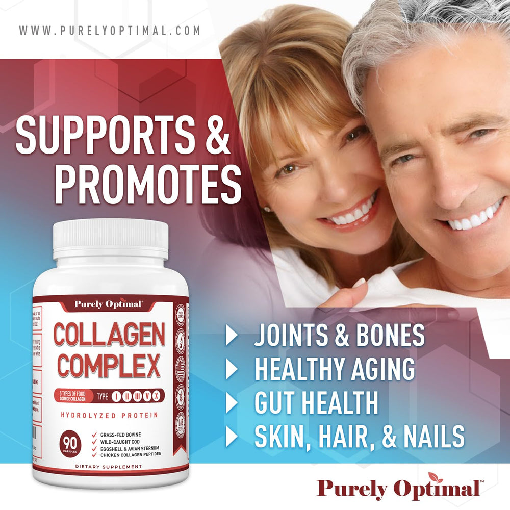 Purely Optimal joint support visual highlights collagen capsules that may aid mobility.