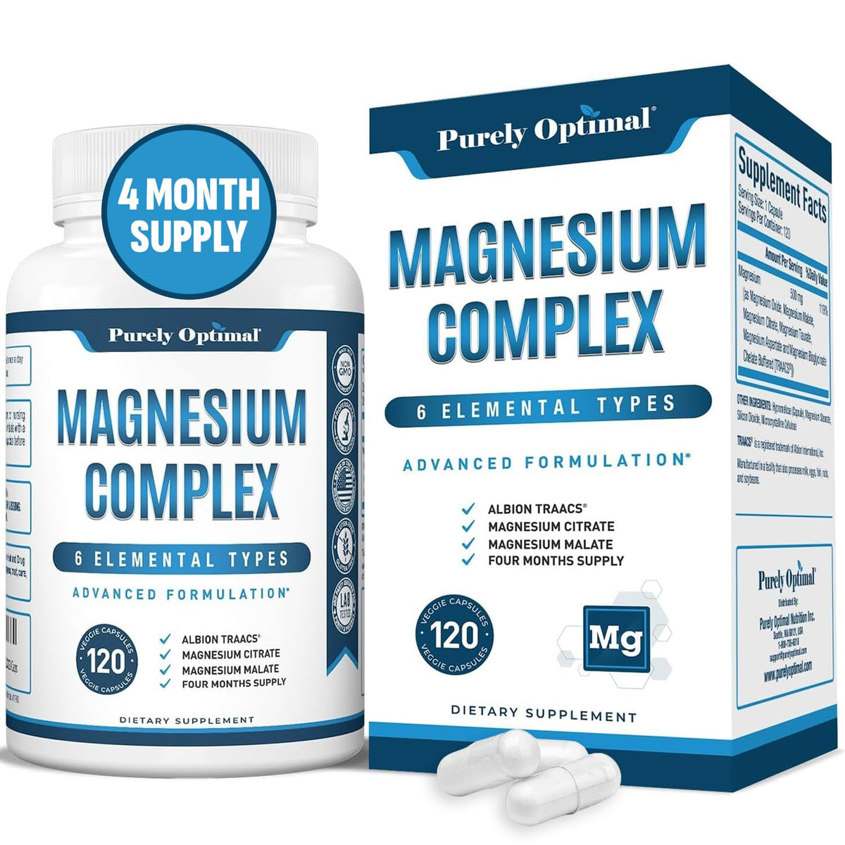 Purely Optimal Magnesium Complex bottle showcasing the six-form blend for balanced energy.