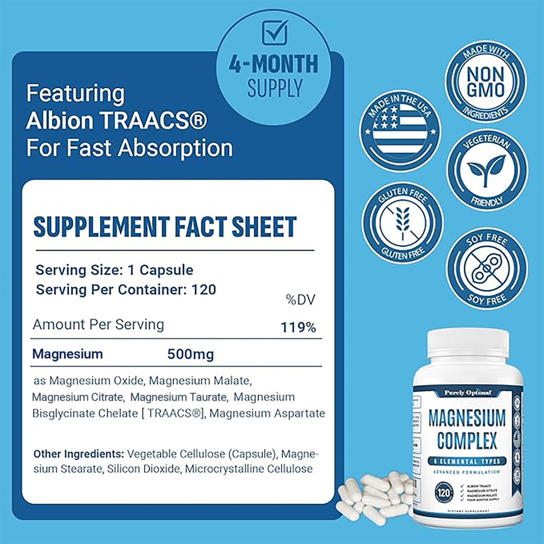Purely Optimal Magnesium Complex capsules image highlighting easy-to-take capsules for evening calm.