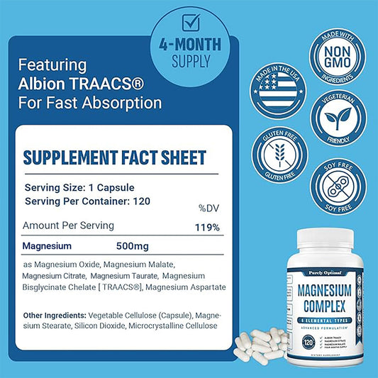 Purely Optimal Magnesium Complex capsules image highlighting easy-to-take capsules for evening calm.