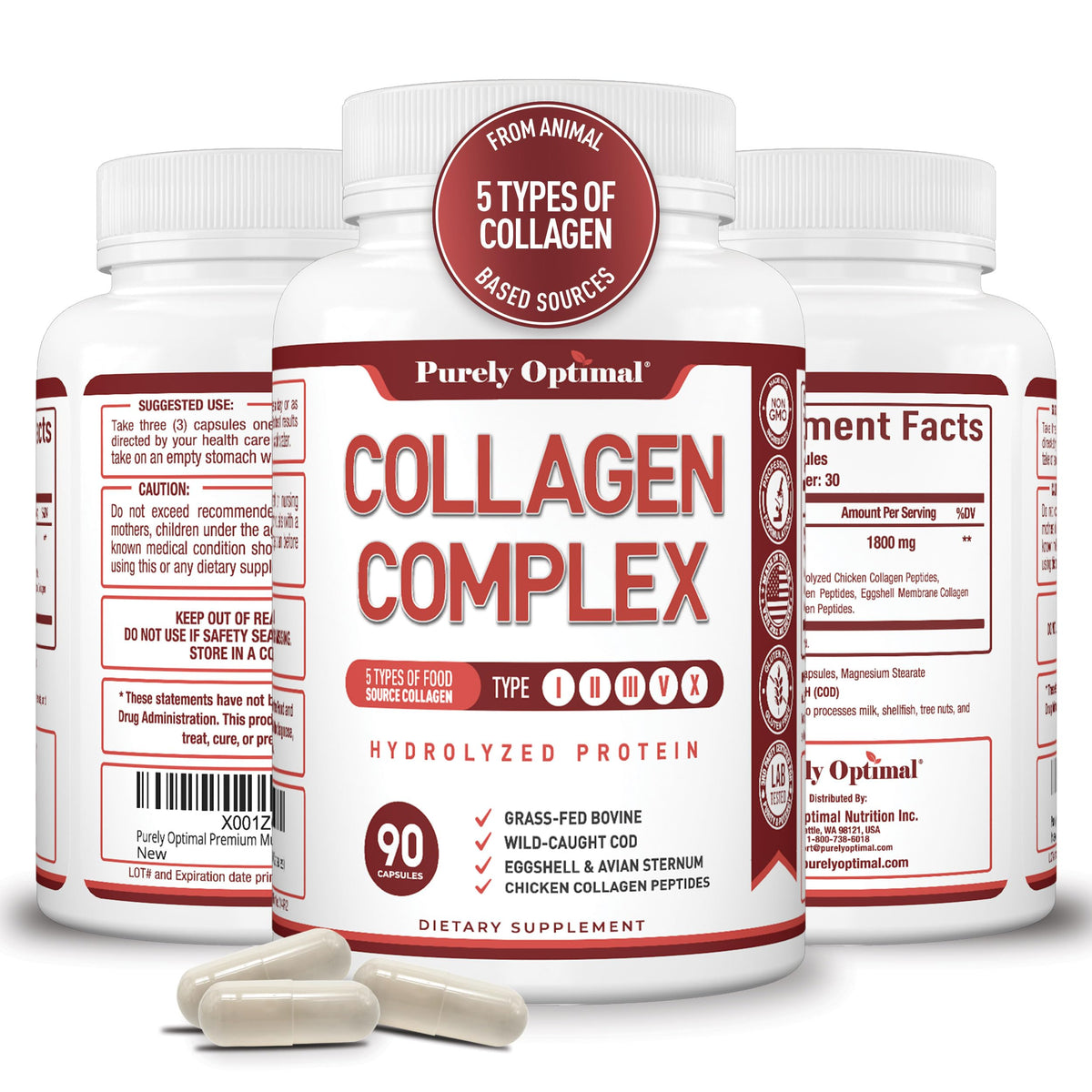 Purely Optimal multi collagen bottle open, easy daily capsules for skincare and joint support.