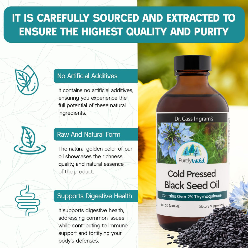 Amber bottle of Purely Wild Black Seed Oil, sustainably sourced and non-GMO.