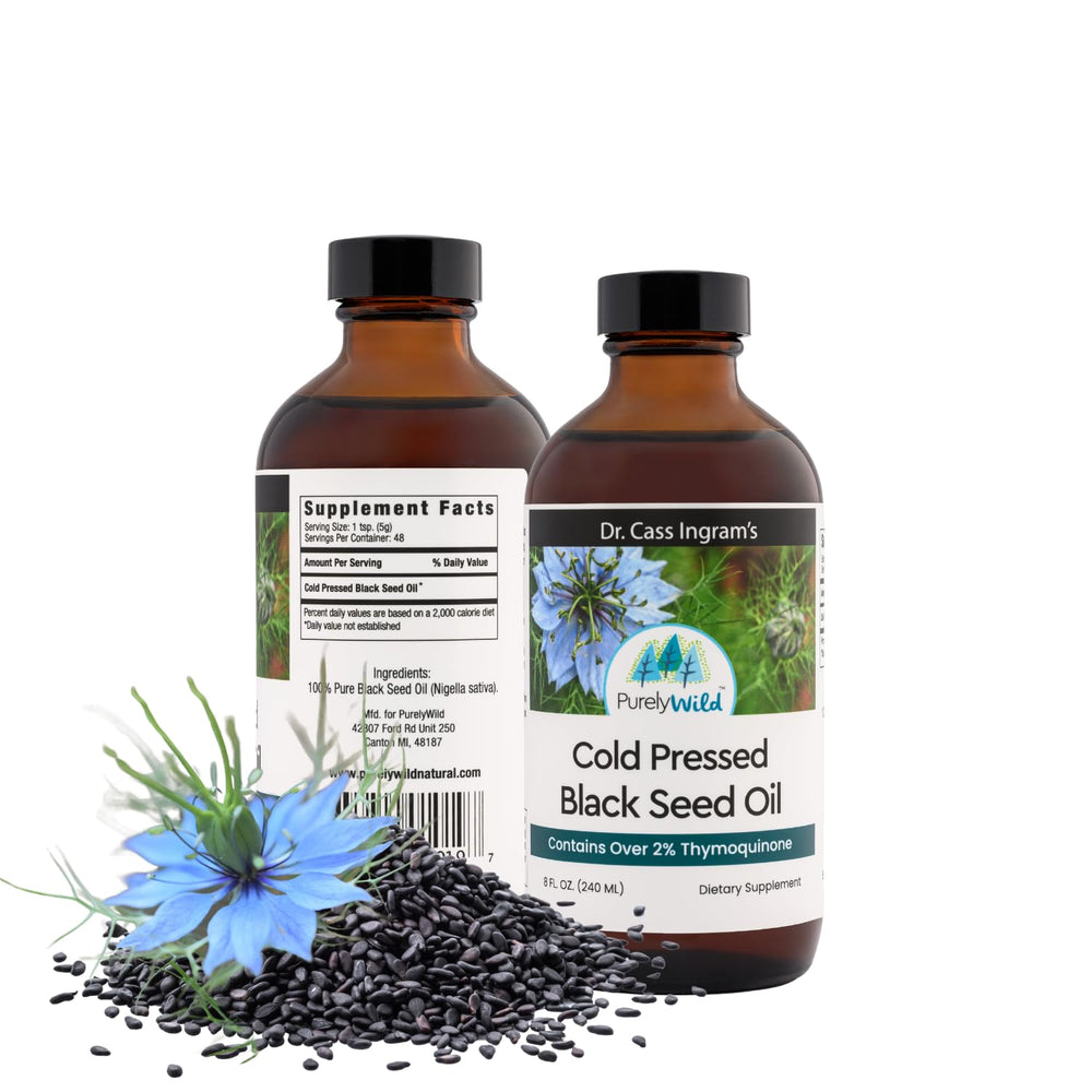 Purely Wild Black Seed Oil bottle front, cold-pressed Nigella sativa for daily wellness.