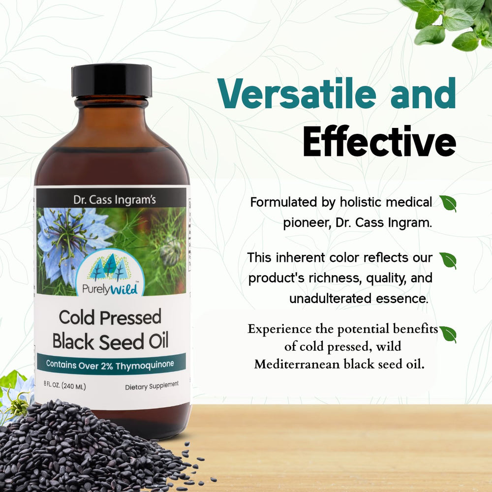Purely Wild Black Seed Oil label close-up, highlighting unrefined quality and aroma.