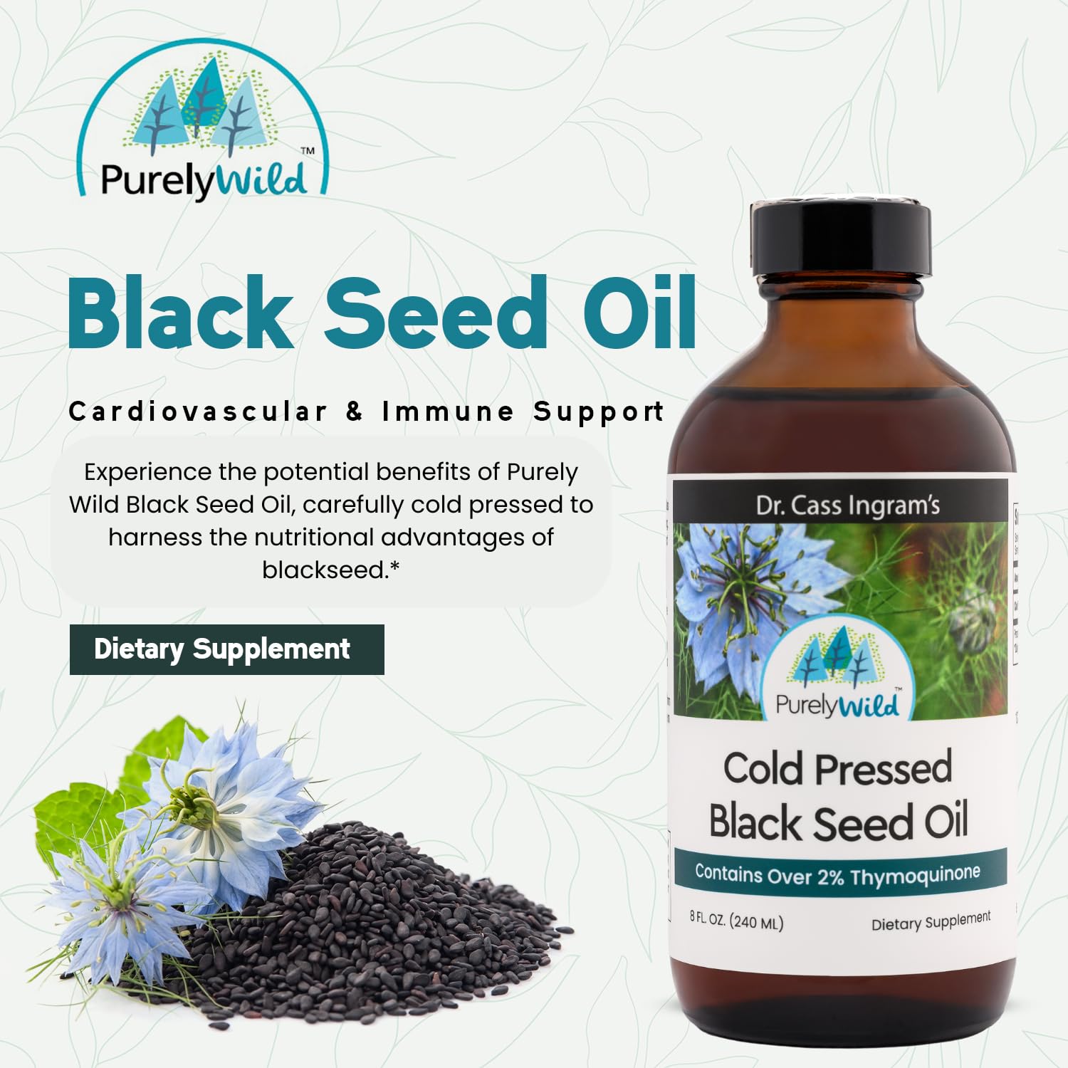 Pouring Purely Wild Black Seed Oil, versatile addition to smoothies and wellness routines.